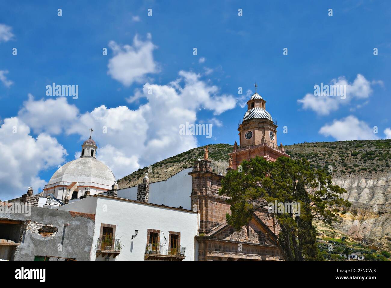 Scenic exterior view of the ancient Neoclassical style Parroquia de la Purísima Concepción in Real de Catorce, San Luis Potosí Mexico. Stock Photo