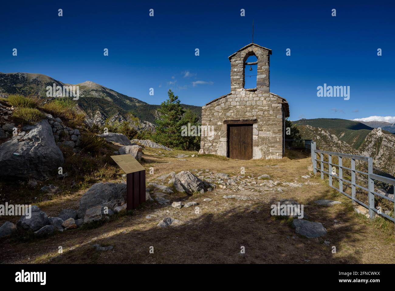 Hermitage of Santa Maria del Castell in Saldes, at the base of Pedraforca (Berguedà, Catalonia, Spain, Pyrenees) Stock Photo