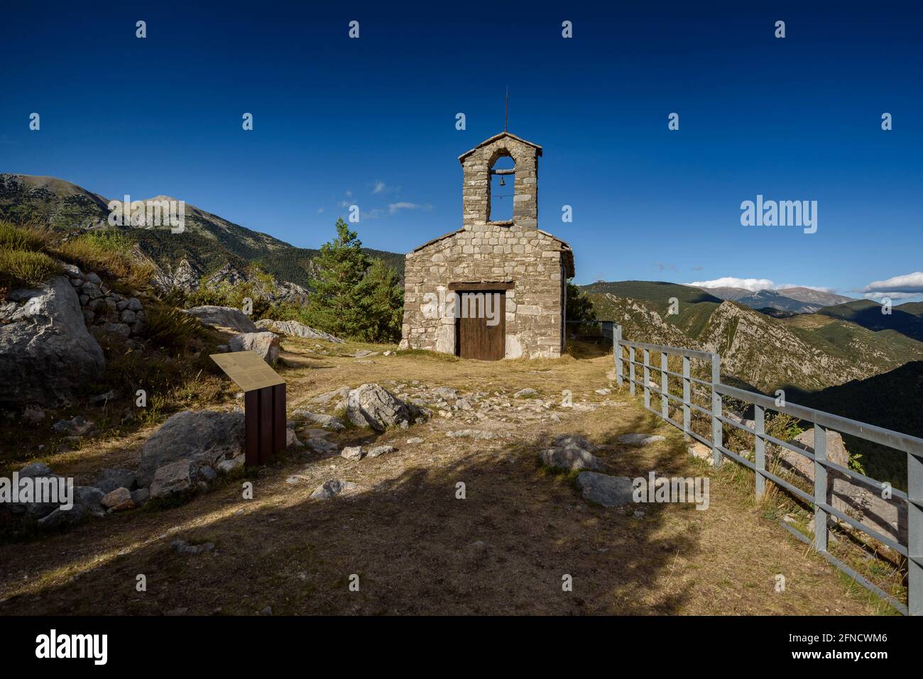 Hermitage of Santa Maria del Castell in Saldes, at the base of Pedraforca (Berguedà, Catalonia, Spain, Pyrenees) Stock Photo
