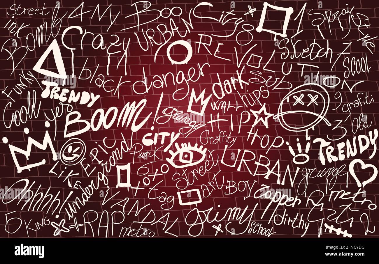 Wall with graffiti symbol writing spray-ink-tag-splash-scribble. Street art. Modern hand draw grafiti style. Dirty artistic design elements and words. Stock Vector