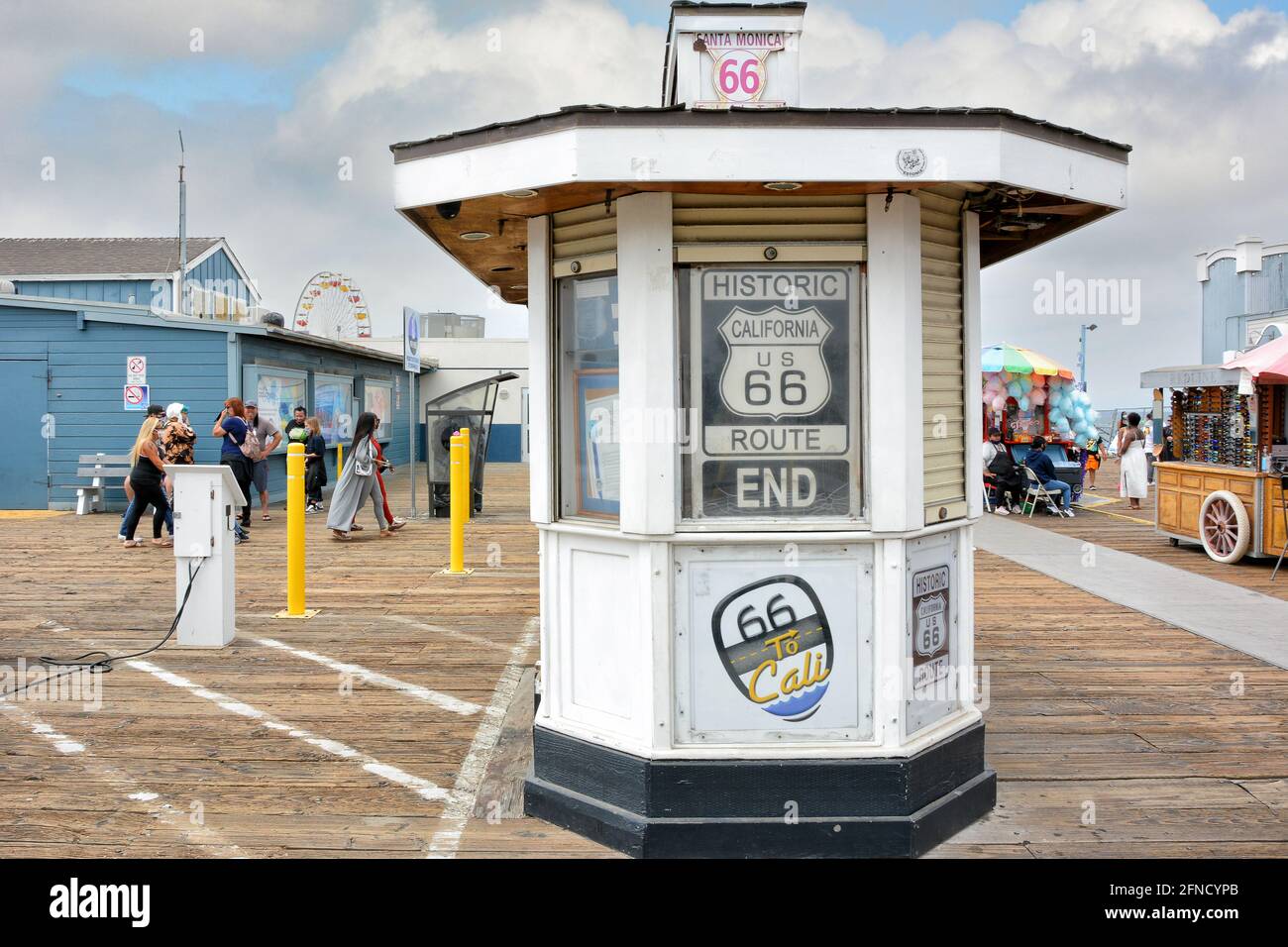 SANTA MONICA, CALIFORNIA - 15 MAY 2021: Route 66 Kiosk on the Santa Monica Pier. Stock Photo