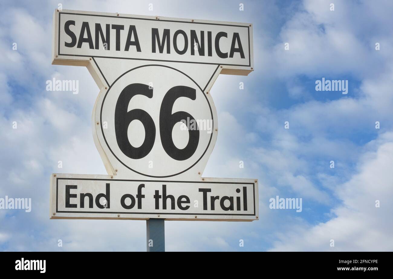 SANTA MONICA, CALIFORNIA - 15 MAY 2021: Route 66 End of the Trail sign on the Santa Monica Pier. Stock Photo
