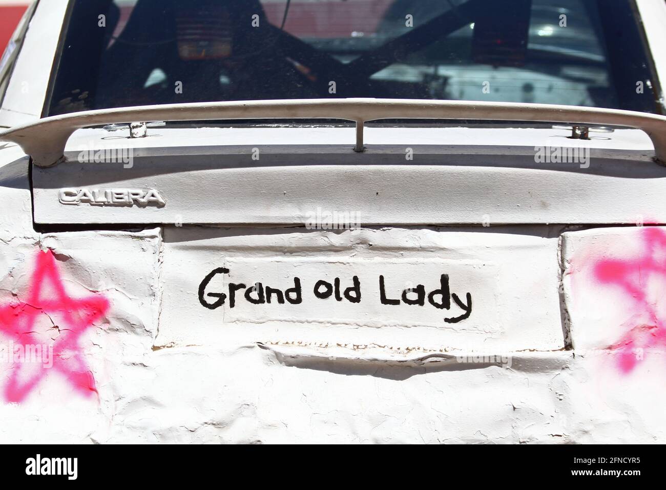 Folk racing car with the text Grand old lady on. Stock Photo