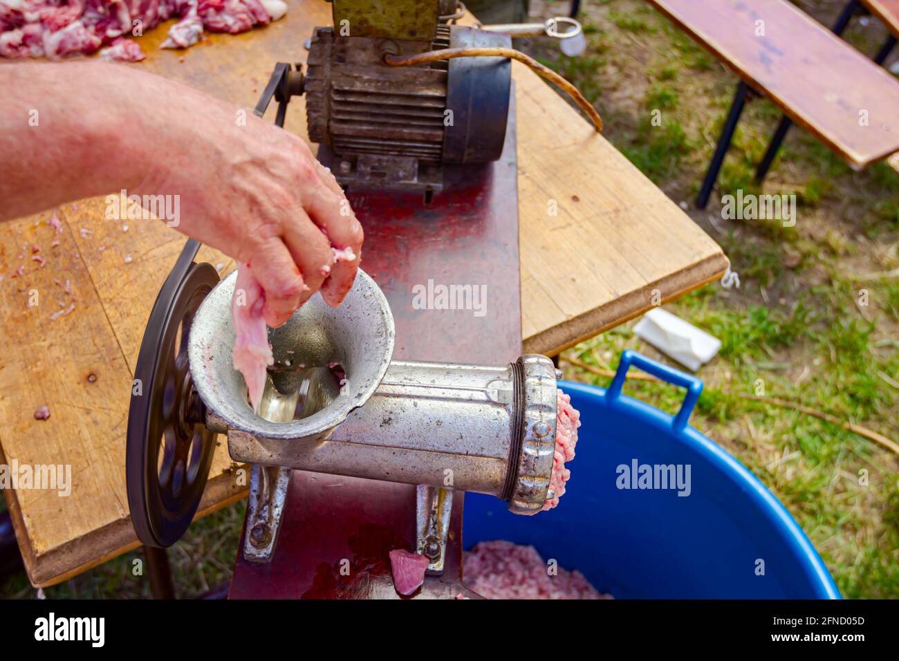 Above view on meat grinder machine, forcemeat process for making