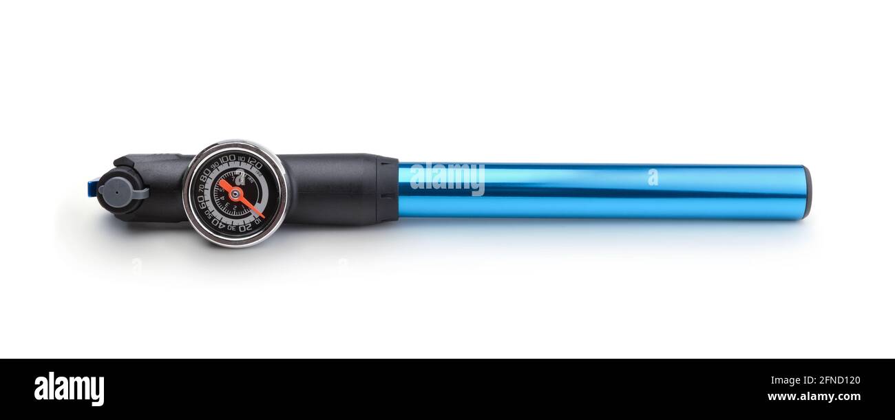 Compact metal bicycle pump with pressure gauge isolated on white Stock