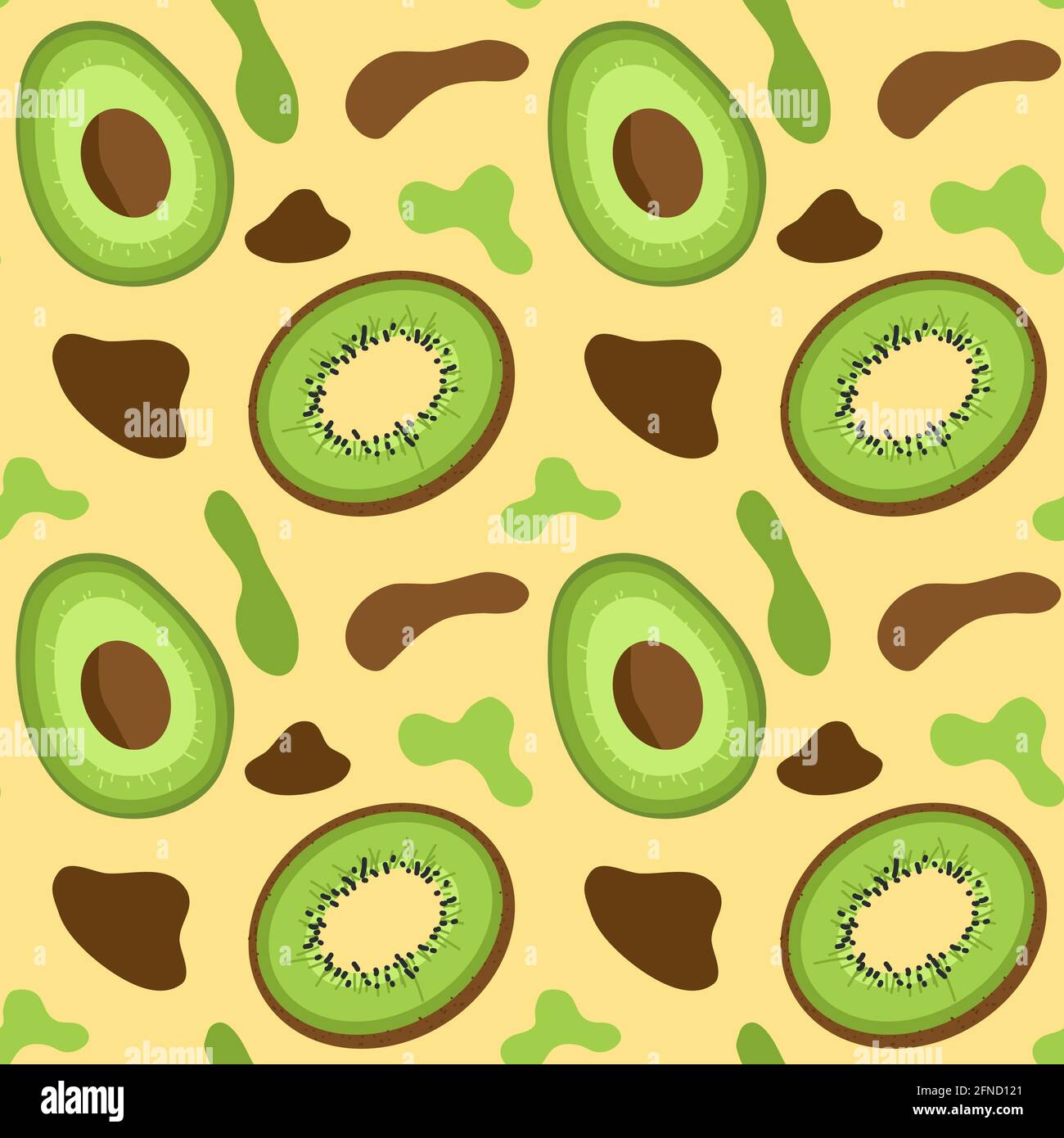 Avocado kiwi fruits and abstract organic shapes seamless pattern, half sliced avocado and kiwi vector illustrations Stock Vector