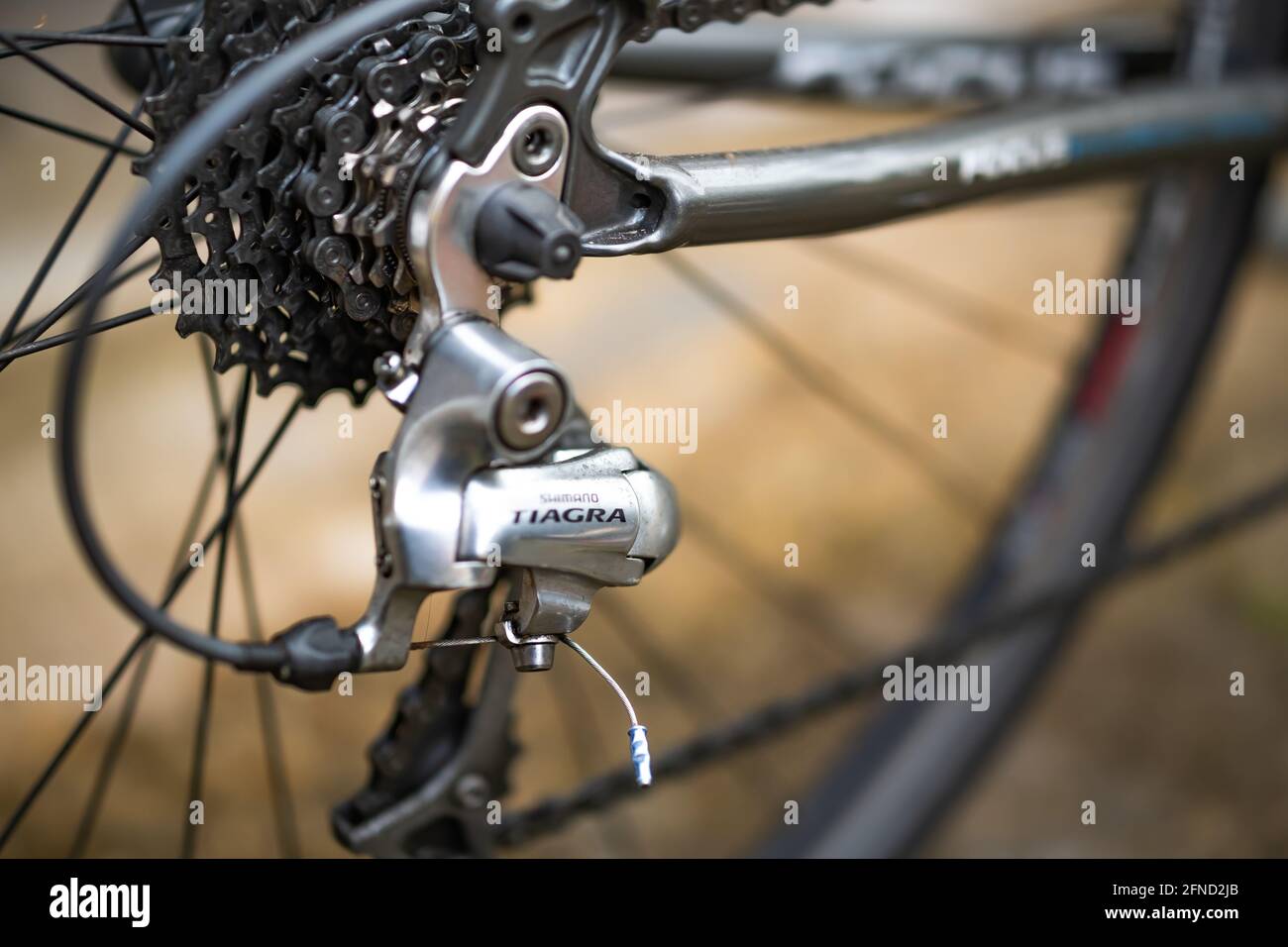 Norwich, Norfolk, UK - May 15 2021. Close and selective focus of the Shimano drive train and gear system of a road racing bicycle. Stock Photo
