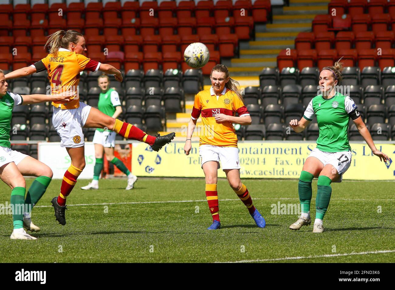 Airdrie, North Lanarkshire, 16th May 2021. Gillian Inglis (#14) of Motherwell Women FC fires over the bar from close range during the Scottish Building Society Scottish Women's Premier League 1 Fixture Motherwell FC Vs Hibernian FC, Penny Cars Stadium, Airdrie, North Lanarkshire, 16th May 2021 | Credit Colin Poultney |  Credit: Colin Poultney/Alamy Live News Stock Photo