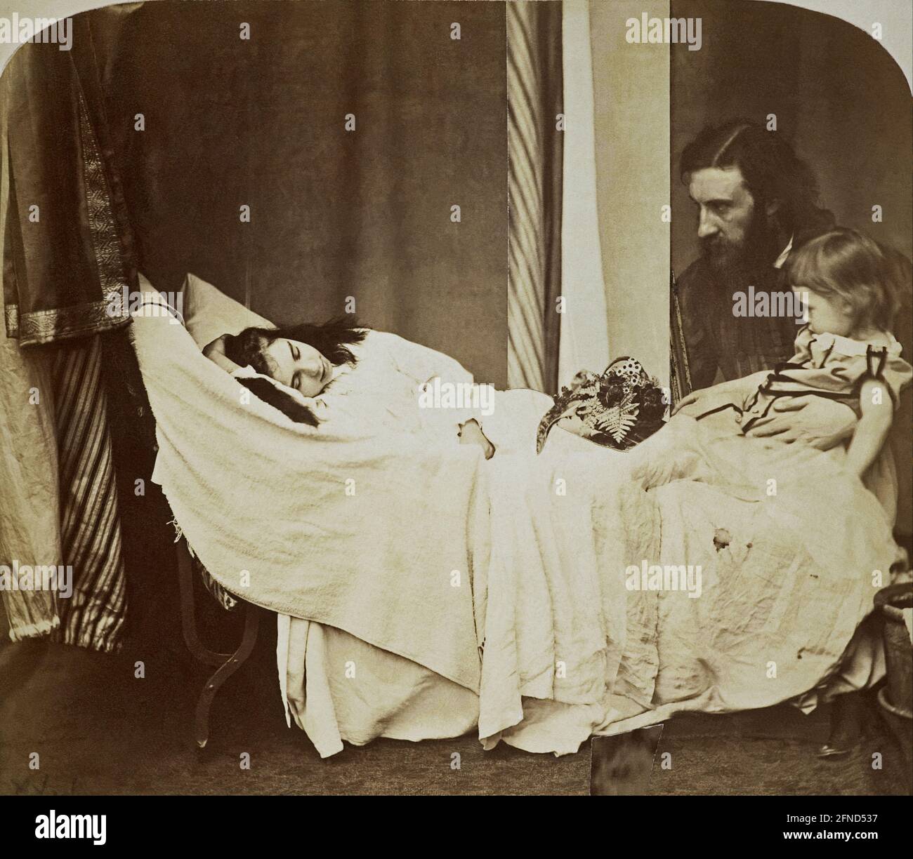 1864 , GREAT BRITAIN : Collage photomontage titled ' Mary Josephine MacDonald dreaming of her father ( George MacDonald ) and brother Ronald ' by photographer and writer LEWIS CARROL ( 1832 - 1898 ). The scotish poet and  Fantasy writer GEORGE MacDONALD ( 1824 - 1905 ).  He was a pioneering figure in the field of modern fantasy literature and the mentor of fellow writer Lewis Carroll. and inspiration for the future work of J.R.R. TOLKIEN ( John Ronald Reuel , 1892 - 1973 ), author of  book THE LORD OF THE RINGS ( Il Signore degli Anelli , 1954-1955 ) . Stock Photo