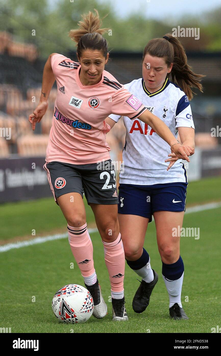 London, UK. 16th May, 2021. Courtney Sweetman-Kirk of Sheffield United Women (L) holds off Esther Morgan of Tottenham Hotspur Women (R). Women's FA cup match, Tottenham Hotspur Women v Sheffield Utd women at the Hive Stadium in London on Sunday 16th May 2021. this image may only be used for Editorial purposes. Editorial use only, license required for commercial use. No use in betting, games or a single club/league/player publications.pic by Steffan Bowen/Andrew Orchard sports photography/Alamy Live News Credit: Andrew Orchard sports photography/Alamy Live News Stock Photo