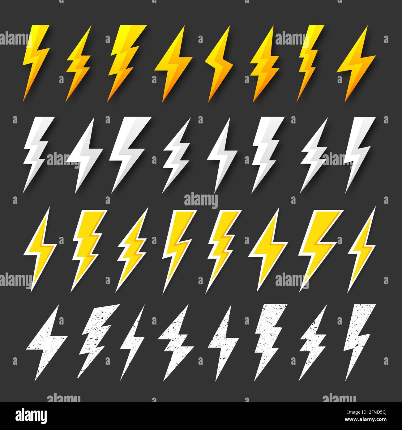 White and yellow lightning bolt icons collection. Vintage flash symbol