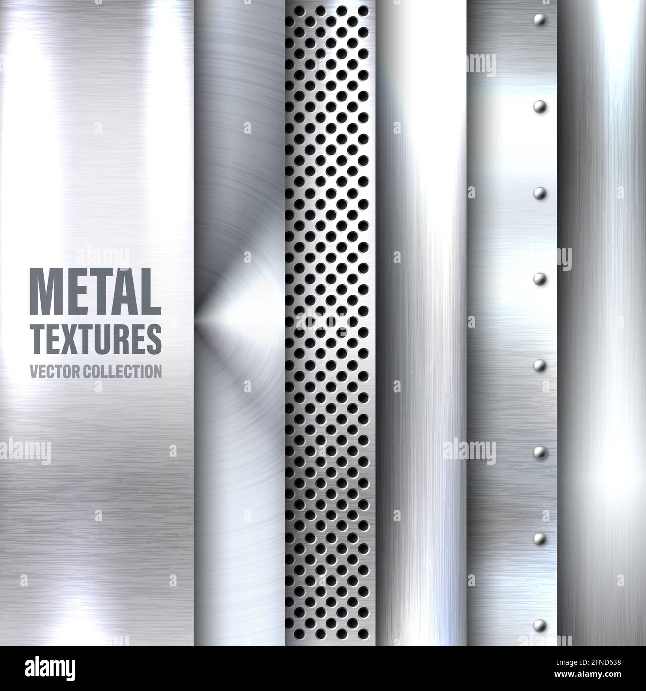 Realistic brushed metal textures set. Polished stainless steel