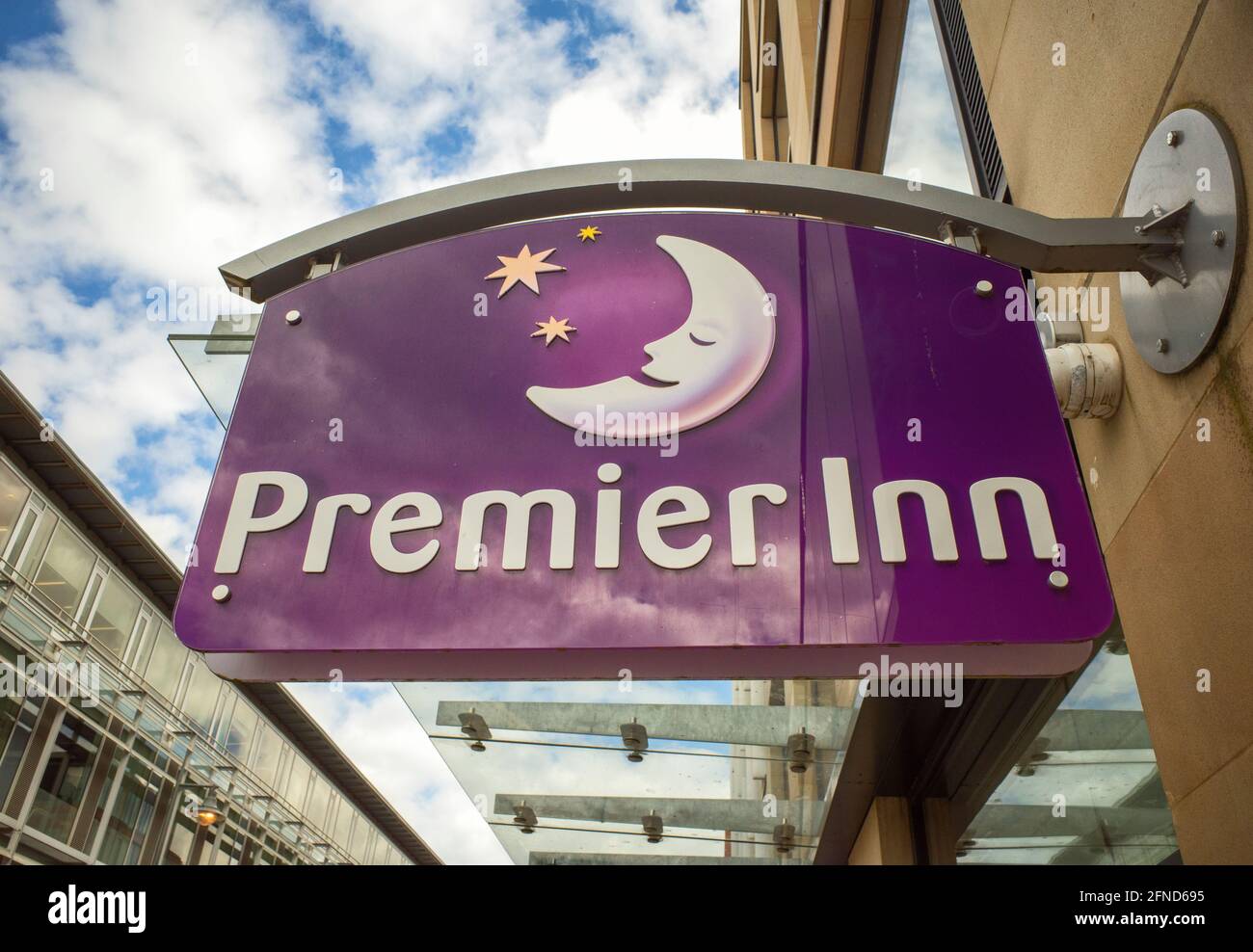 Premier Inn sign in Edinburgh, Scotland, UK. Stock Photo