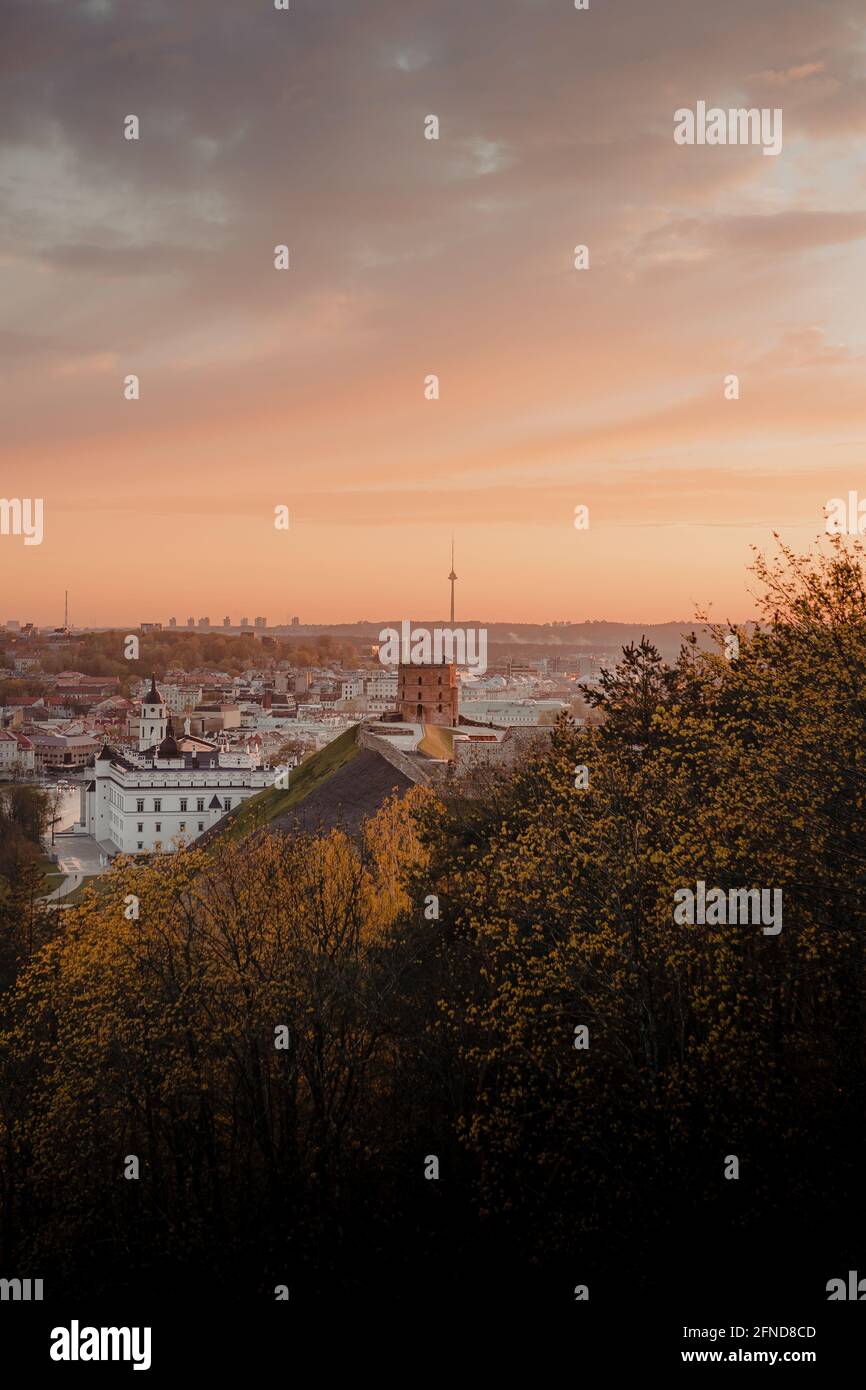 A vertical shot of Vilnius, Lithuania from the Bald Hill of the Three Crosses Stock Photo