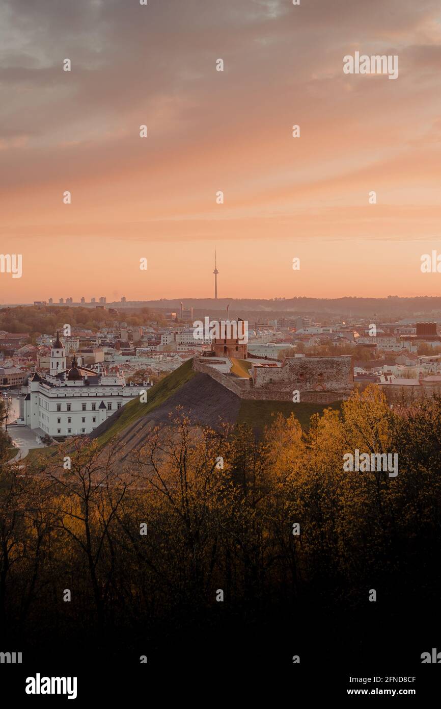 A vertical shot of Vilnius, Lithuania from the Three Crosses Hill Stock Photo