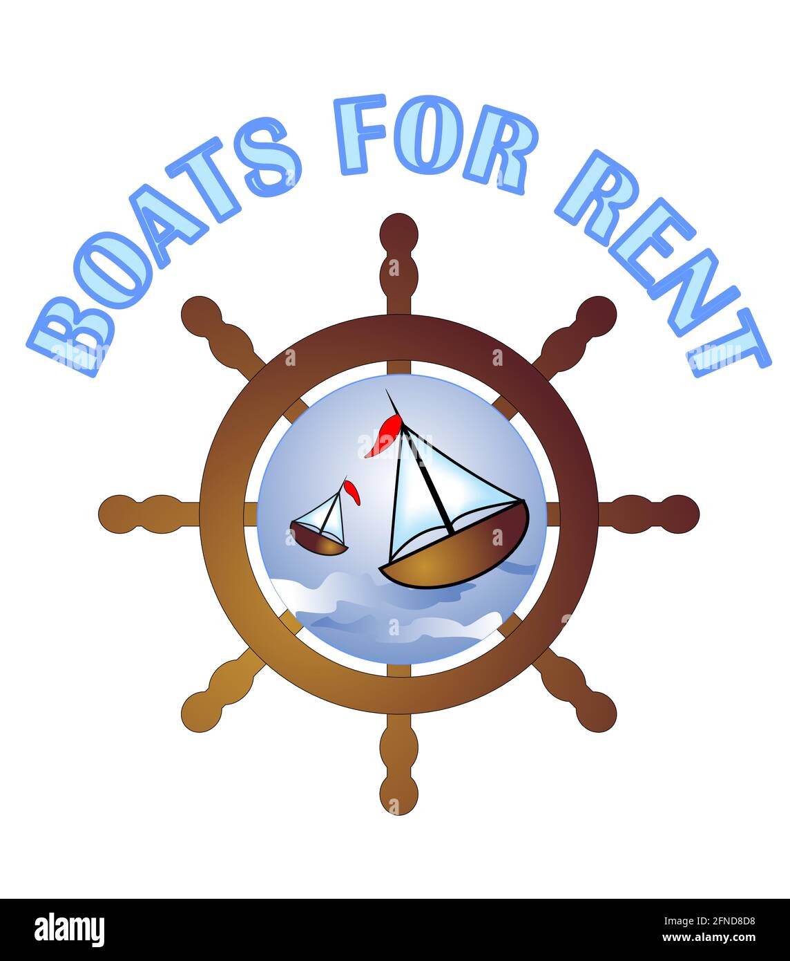 Boats for rent label with a rudder and sailboat Stock Vector