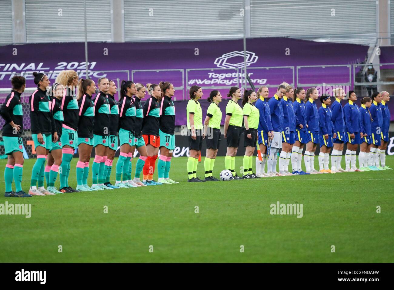 Gothenburg, Sweden. 16th May, 2021. Players of Chelsea and Players of Barcelona standing in line ahead of the UEFA Womens Champions League FINAL 2021between Chelsea FC and FC Barcelona at Gamla Ullevi