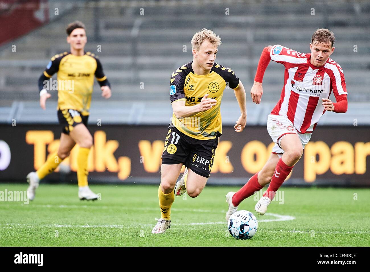Aalborg, Denmark. 16th May, 2021. Casper Tengstedt (17) of AC Horsens and  Mathias Ross of AAB seen during the 3F Superliga match between Aalborg  Boldklub and AC Horsens at Aalborg Portland Park
