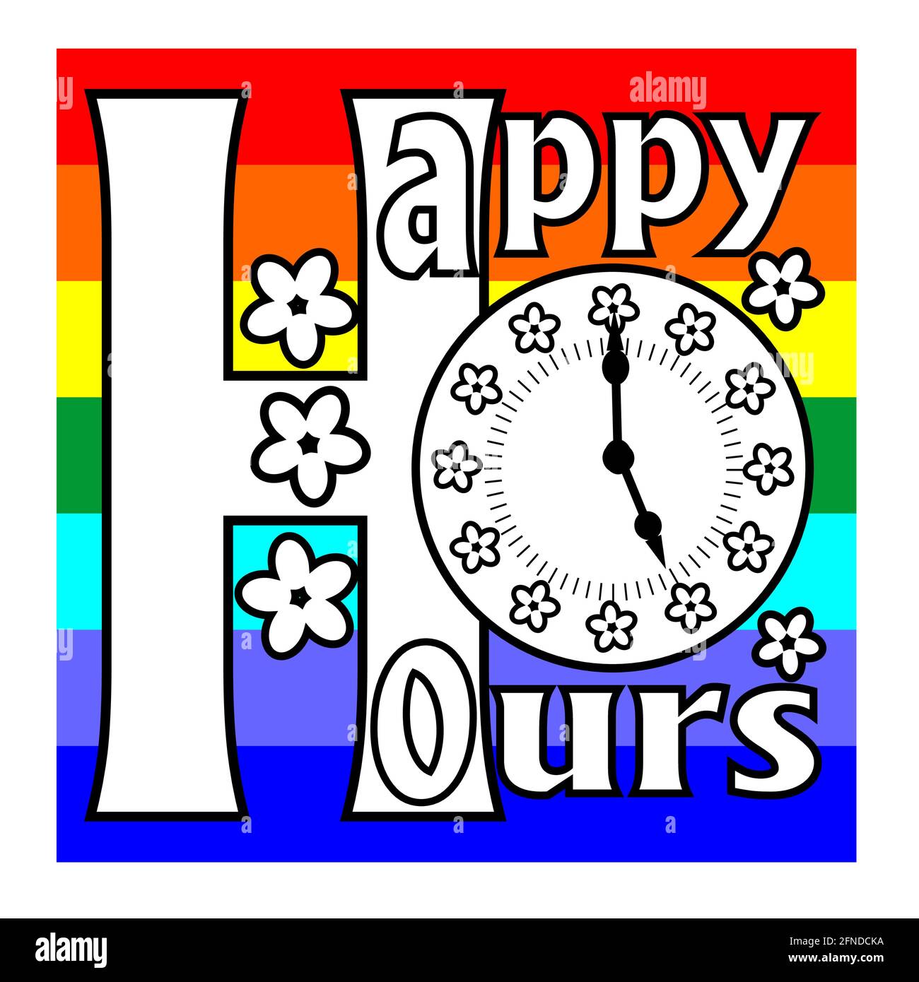 Happy hours billboard with clock face and flowers on a rainbow