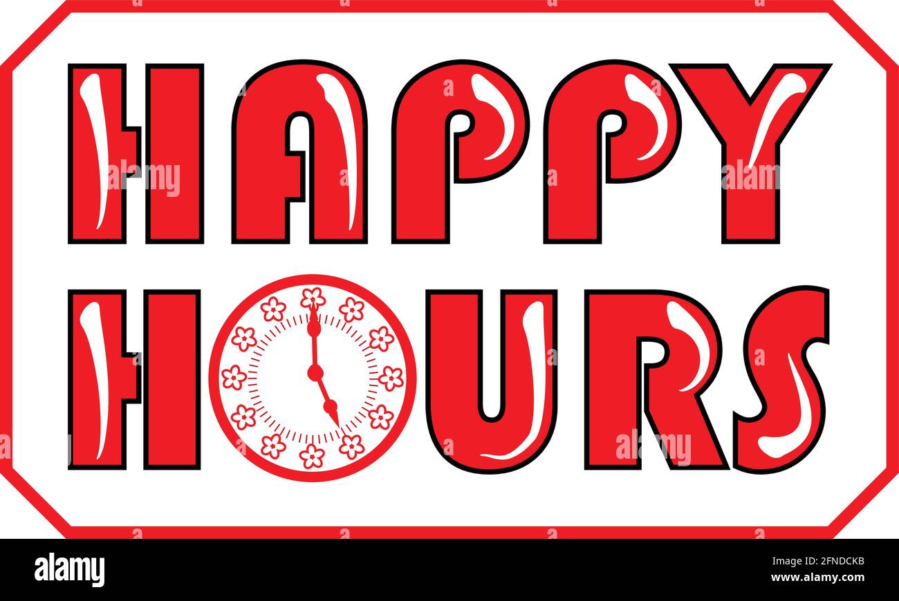 Happy hours inscription in red color with clock face on the white background Stock Vector Image