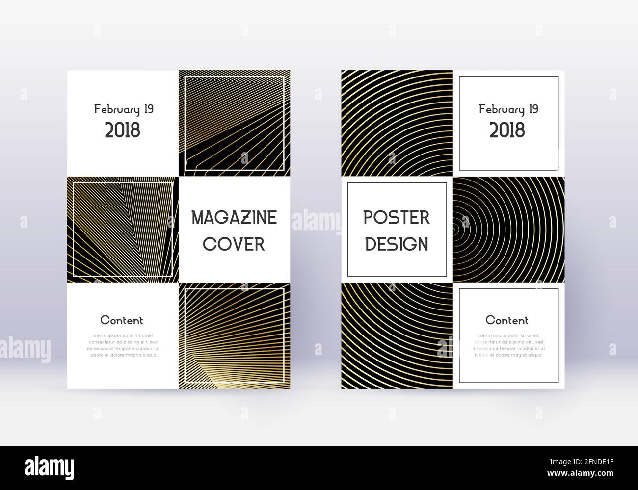 Business cover design template set. Gold abstract lines on black