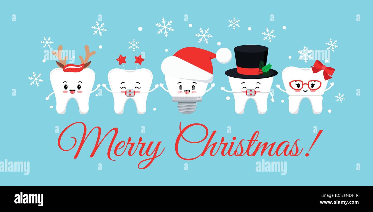 Cute Christmas teeth with xmas accessories on dentist greeting card. Stock Vector