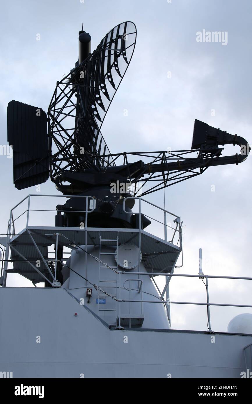 A Thales LW08 2D long-range surveillance radar system, carried on HNLMS Van Amstel (F831), a Karel Doorman-class frigate operated by the Royal Netherlands Navy. Stock Photo