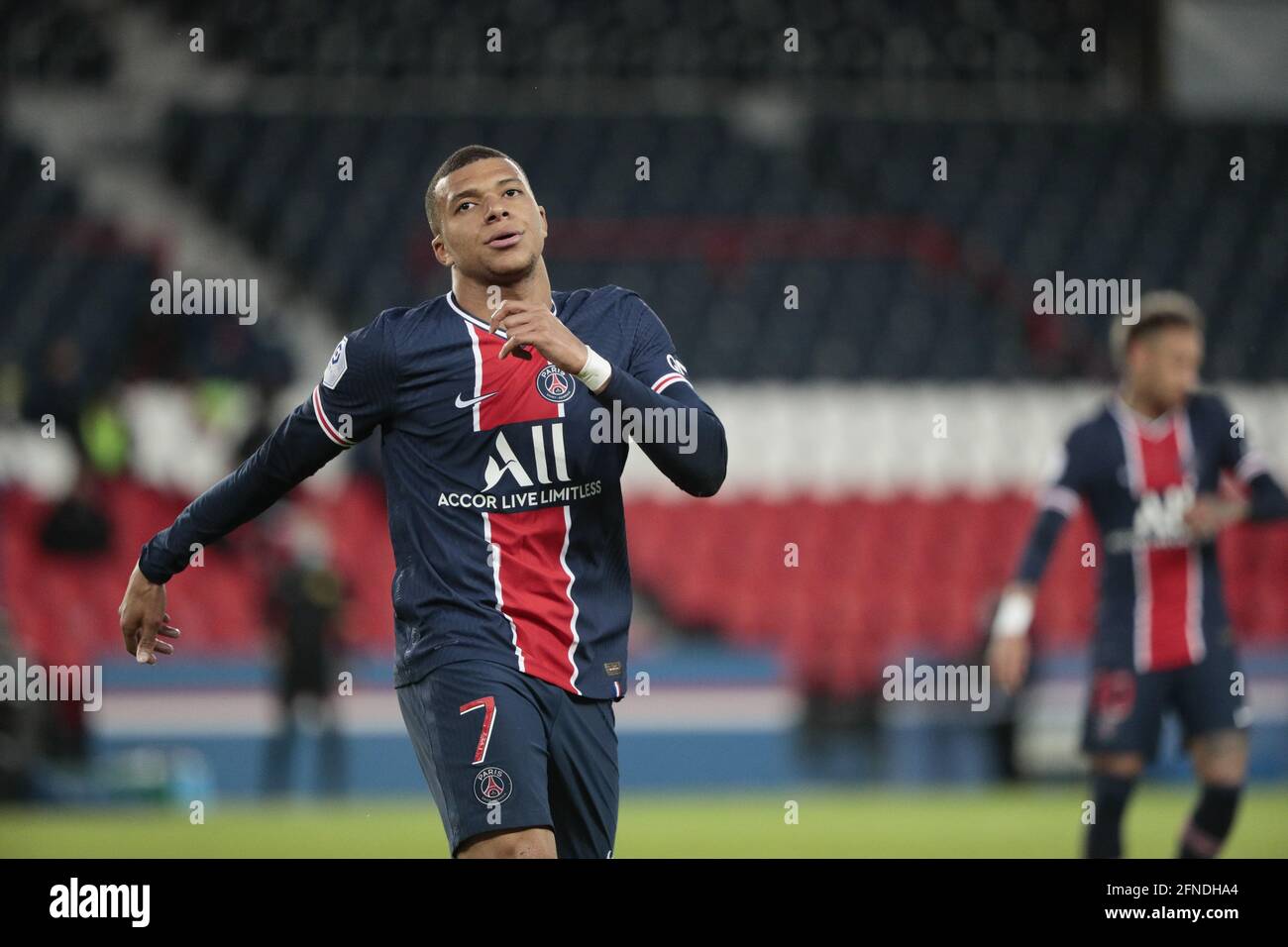 Kylian Mbappe (PSG) reacted, disappointed during the French championship Ligue 1 football match between Paris Saint-Germain and Stade de Reims, on May 16, 2021 at Parc des Princes stadium in Paris, France - Photo Stephane Allaman / DPPI / LiveMedia Stock Photo