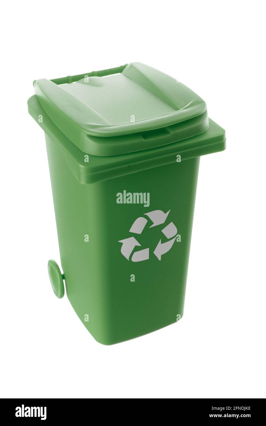 Plastic green trash can isolated on white background Stock Photo - Alamy