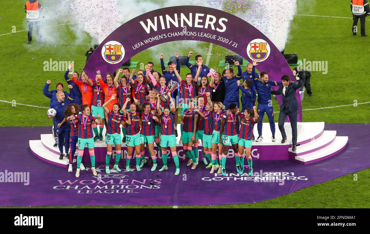 Gothenburg Sweden 16th May 21 Players Of Barcelona Celebrate Their Victory With The Trophy At The Ceremony After The Uefa Womens Champions League Final 21 Between Chelsea Fc And Fc Barcelona At Gothenburg Sweden 16th May 21 Players Of Barcelona Celebrate Their Victory With The Trophy At The Ceremony After The Uefa Womens Champions League Final 21 Between Chelsea Fc And Fc Barcelona At