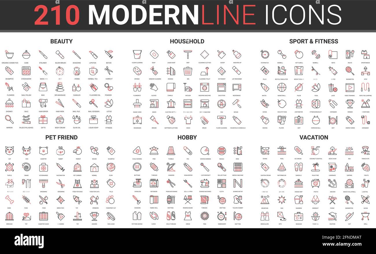 Creative sewing hobby, summer beach vacation, sport fitness gym equipment thin red black line icon vector illustration set. Veterinary pet friend collection, beauty, clean home household tools Stock Vector