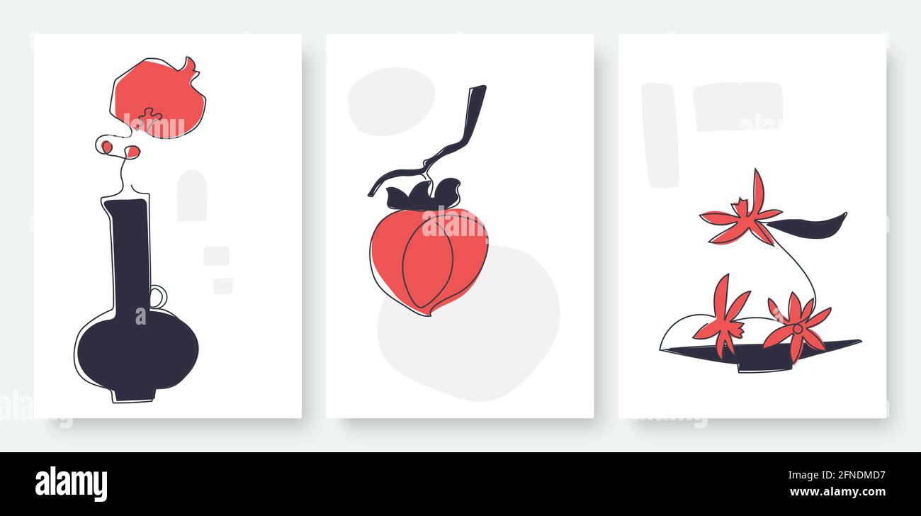 Modern one continuous line drawing of organic fruits, flowers and leaves in red and black vector illustration set. Abstract minimalist food design wallpaper, wall art or social media post template Stock Vector