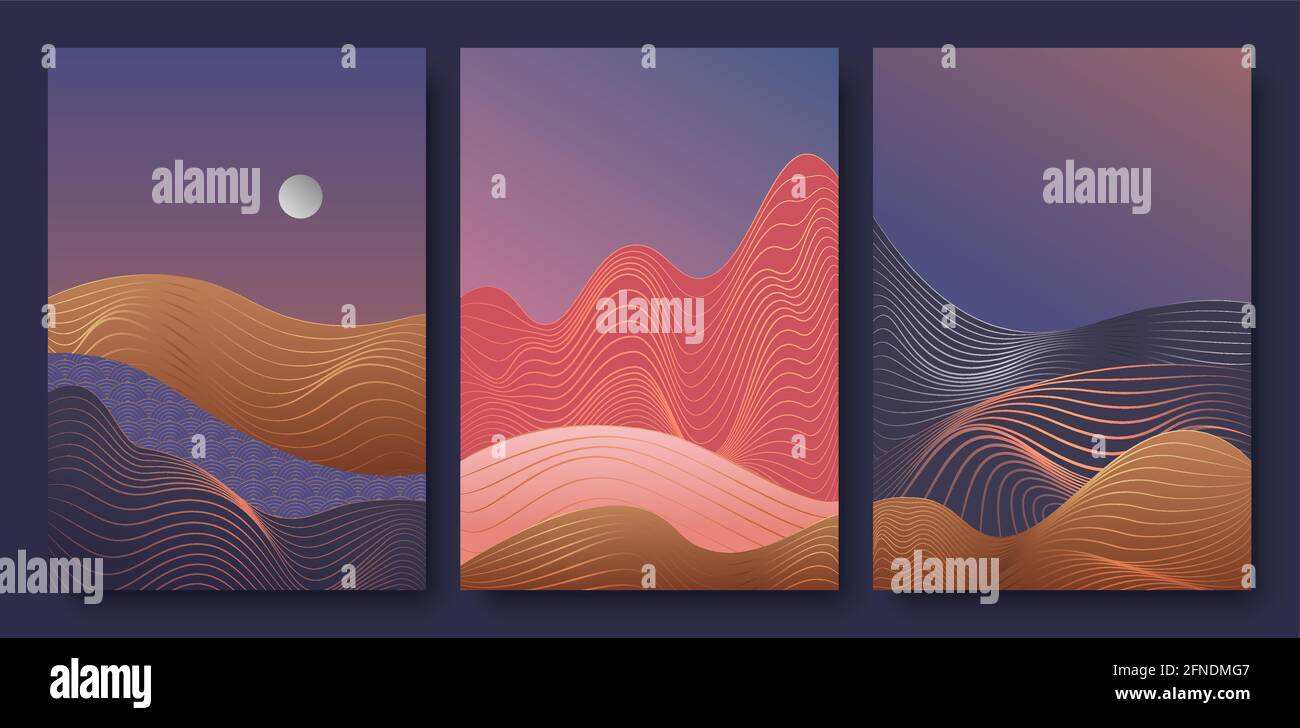 Abstract contemporary aesthetic night landscape with moon vector illustration set. Trendy wall decoration, luxury art deco wallpaper design with moon cycle, gold wavy line and curve wave shape Stock Vector