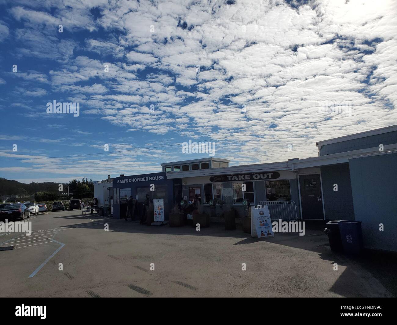 Front view of Sam's Chowder House seafood restaurant with the sign