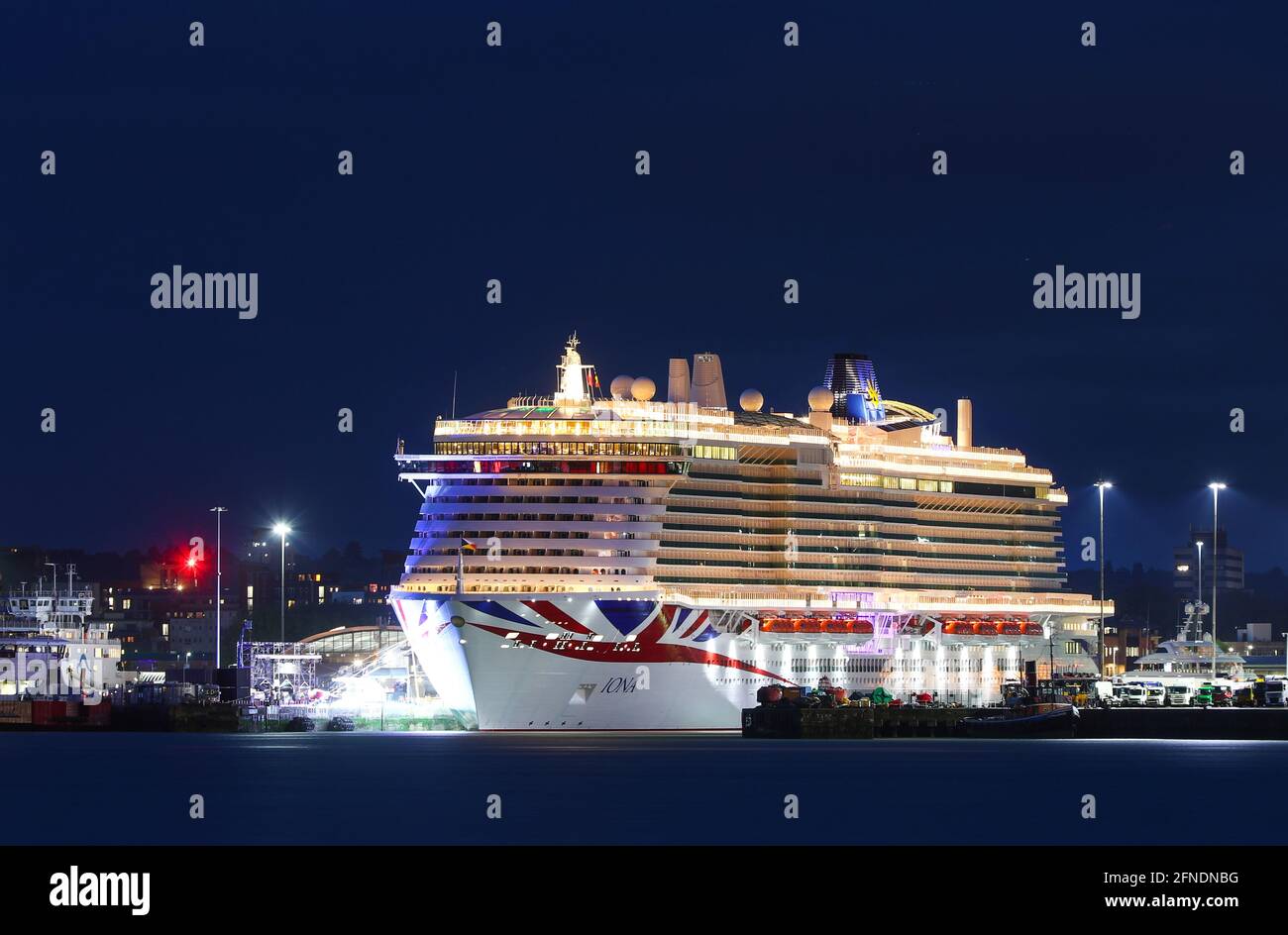 Southampton, Hampshire, UK. 16th May 2021. New P&O cruise ship Iona during her naming ceremony in Southampton Docks. At 344 metres long, Iona is Britain’s largest cruise ship.  Credit Stuart Martin/Alamy Live News Stock Photo