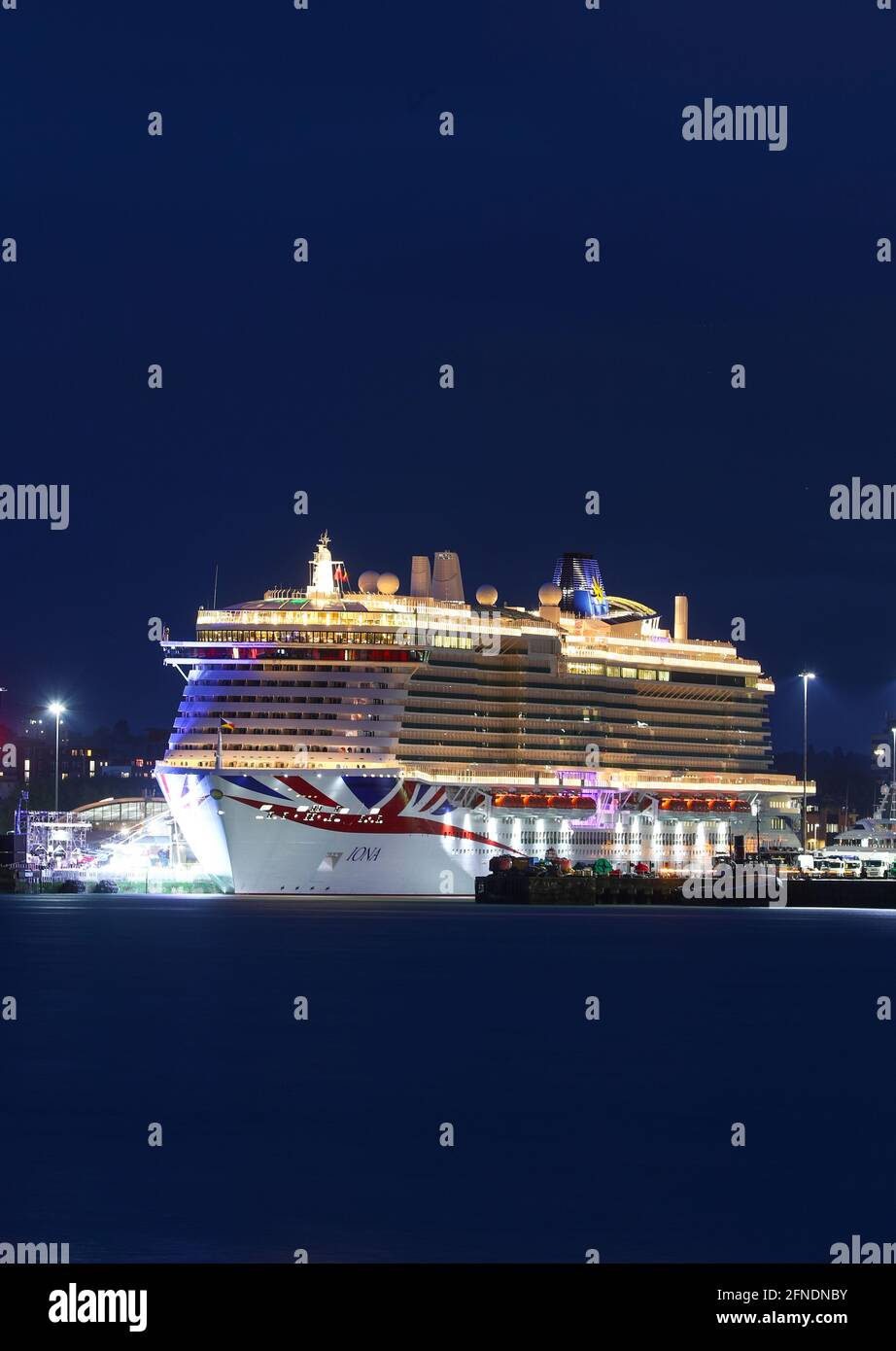 Southampton, Hampshire, UK. 16th May 2021. New P&O cruise ship Iona during her naming ceremony in Southampton Docks. At 344 metres long, Iona is Britain’s largest cruise ship.  Credit Stuart Martin/Alamy Live News Stock Photo