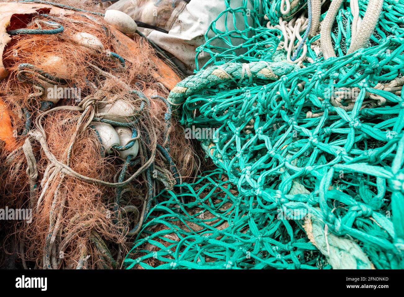 Mooring ropes and nets on a fishing boat. Accessories needed for