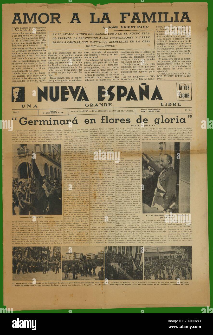 Guerra civil española (1936-1939). Portada del periódico nacional Nueva España, editado en Rio de Janeiro, noviembre de 1938. Stock Photo