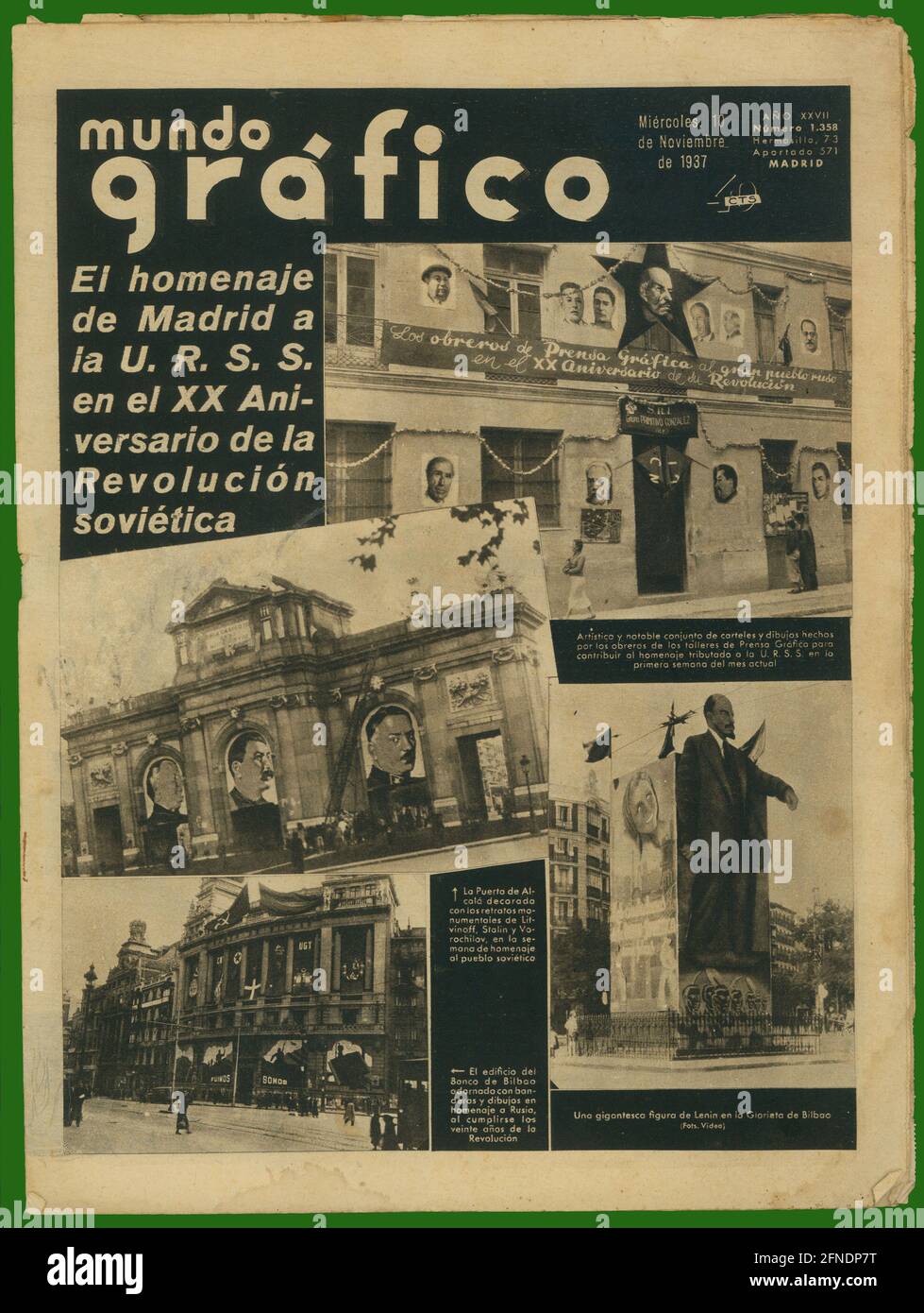 Guerra civil española (1936-1939). Portada de la revista Mundo Gráfico, editado en Madrid, noviembre de 1937. Stock Photo