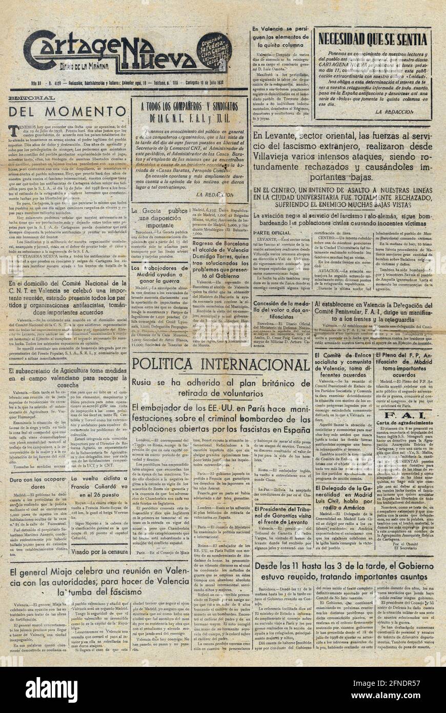 Guerra civil española (1936-1939). Portada del diario de la mañana Cartagena  Nueva, julio de 1938 Stock Photo - Alamy
