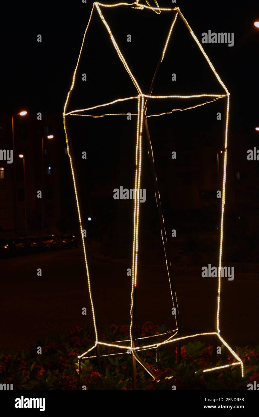 An Islamic Ramadan lantern made with led lights in the street as a festive sign celebrating the holy month of Ramadan in Islamic countries in middle e Stock Photo