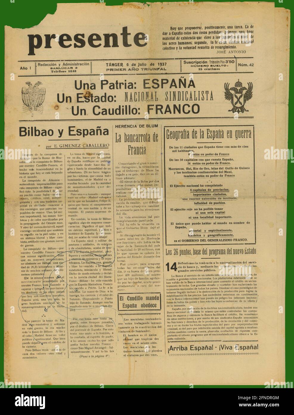 Guerra civil española (1936-1939). Zona nacional. Portada del periódico  Presente, editado en Tánger, julio de 1937 Stock Photo - Alamy