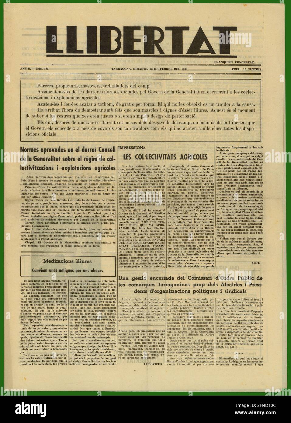 Guerra civil española (1936-1939). Portada del periódico Llibertat, Tarragona, febrero de 1937. Stock Photo