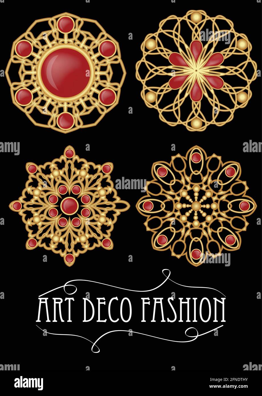 Set of gold filigree brooch with red gems garnets in art deco style. Round symmetric retro jewel from gold metal Stock Vector