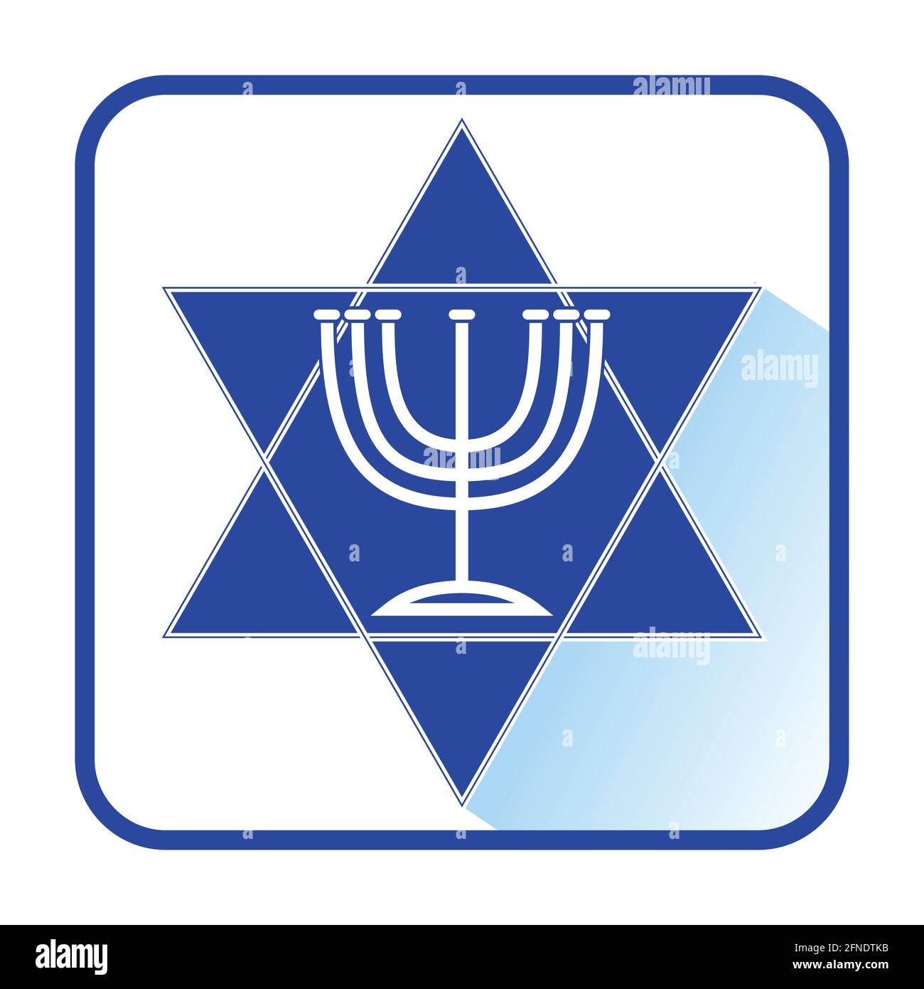 David star with seven-branched candlestick menorah in modern flat design with long shadow, israel nation colors blue and white Stock Vector