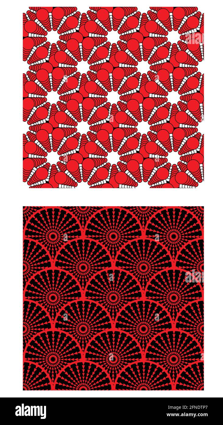 Two seamless vector tiles with abstract geometric pattern, contrasting color combination of red, white and black Stock Vector