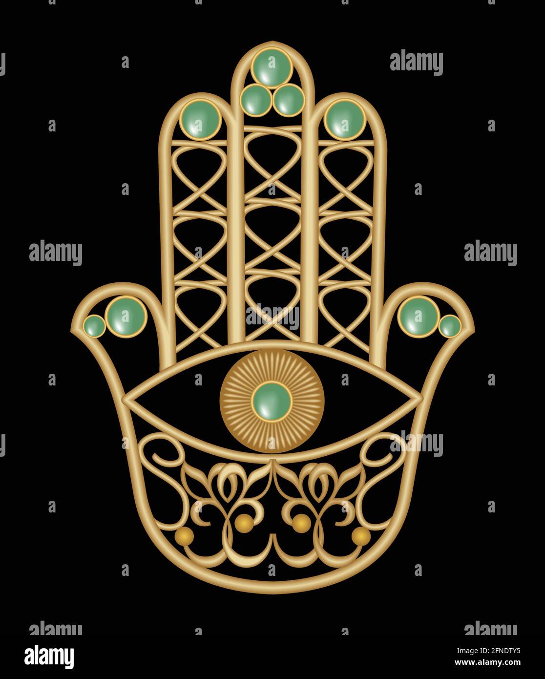Golden Miriam hand with eye shape in filigree design with green  emerald gem, amulet of protection, eps10 vector Stock Vector