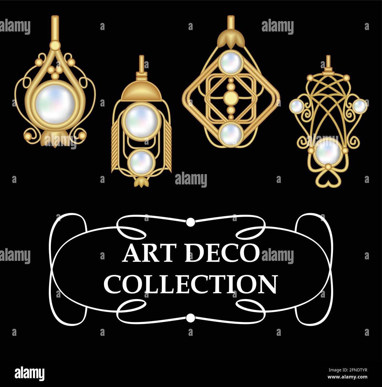 Collection of elegant gold earrings with pearls art deco. Symmetric classic design, jewel for festive occasions. Stock Vector
