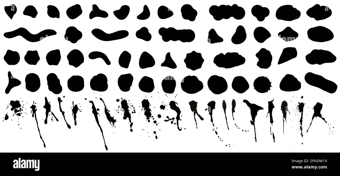 Random shapes, black bloods and splashes of irregular shape. Abstract organic silhouettes - inkblot, liquid amorphous splodges, simple inkblot and Stock Vector