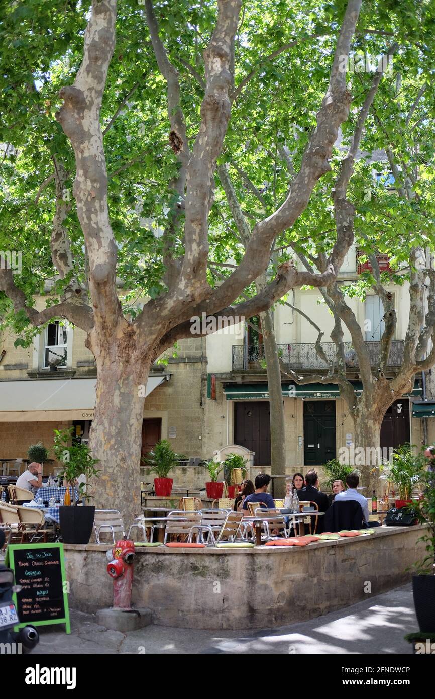 People sitting, relaxing and eating at a French restaurant in a small  street of downtown Montpellier, Occitanie, South of France Stock Photo -  Alamy